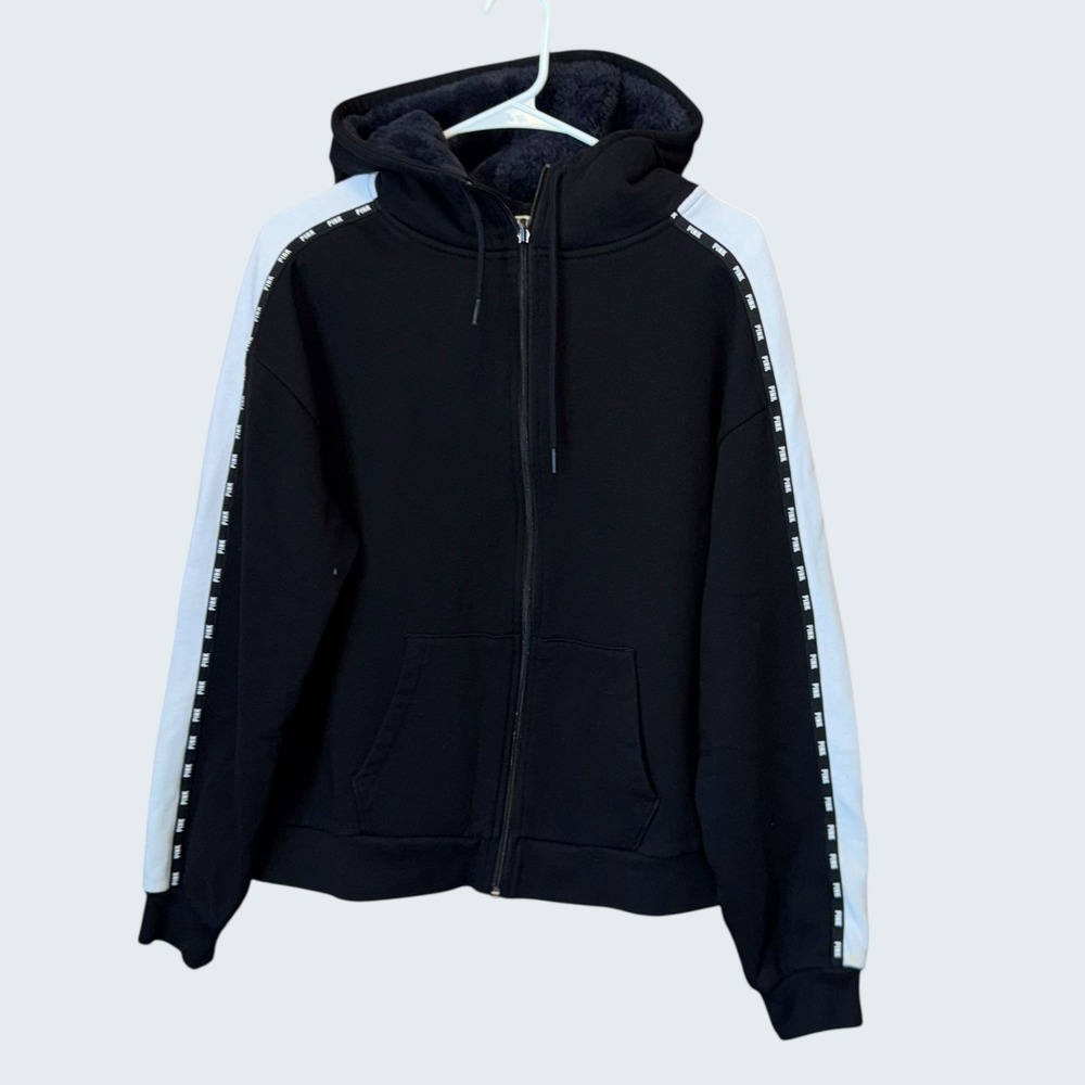 PINK Victoria's Secret Full Zip Hoodie Black White Logo Tape Faux Fur Hood L